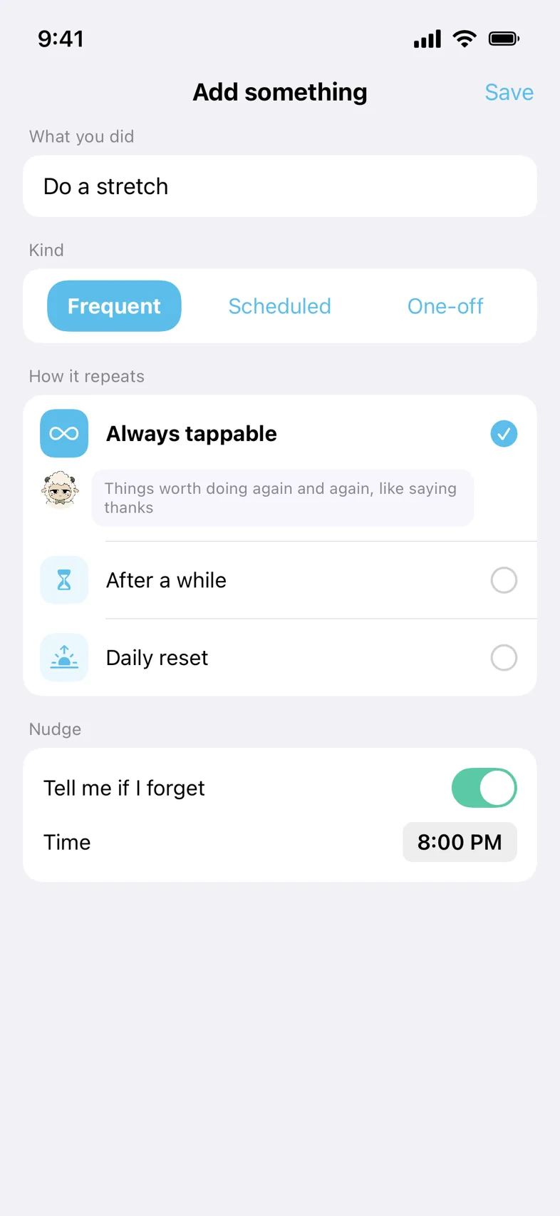 Task editor showing repeat rules and a reminder toggle