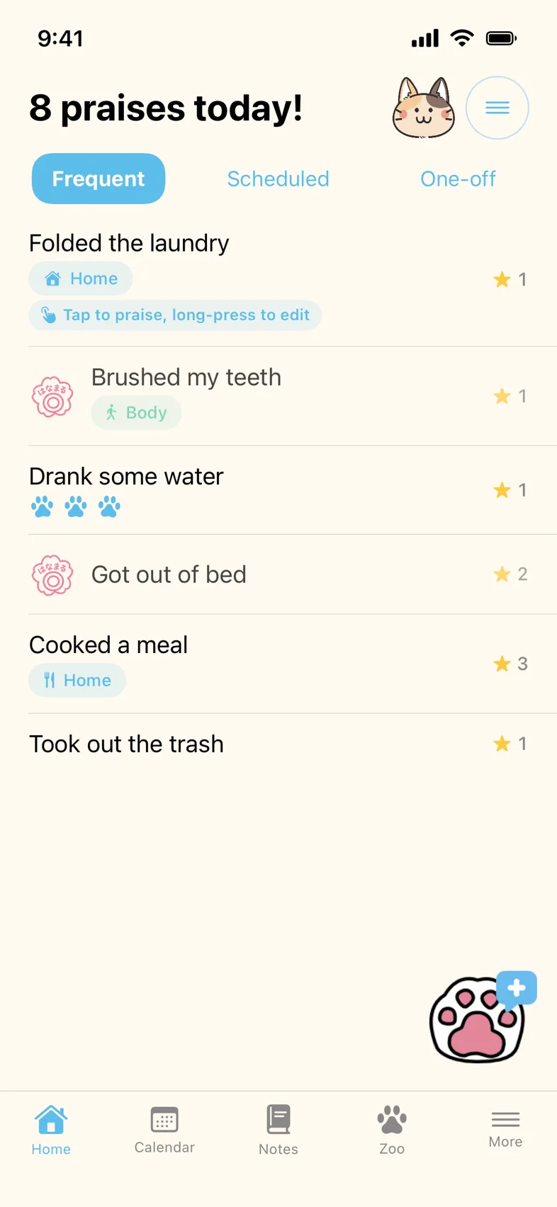 Home screen showing “9 erai today!” with stamps beside finished tasks