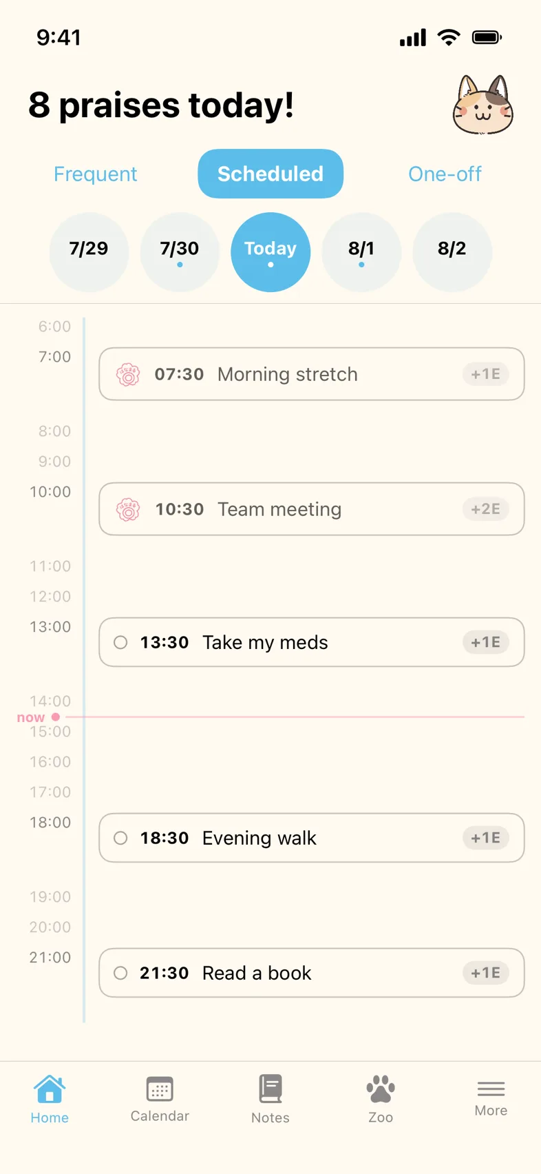 Schedule tab with plans laid out on a vertical timeline