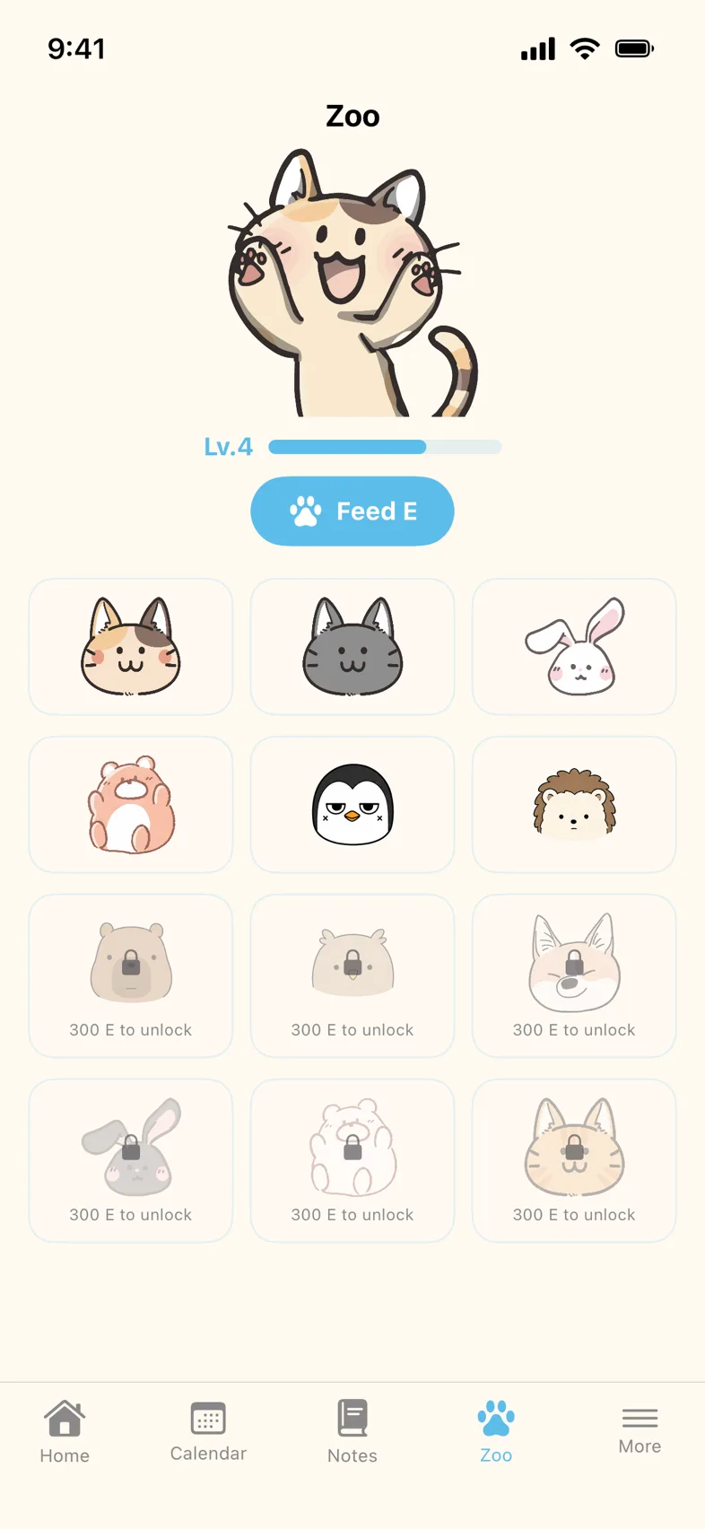 The buddies tab where you raise your calico cat, with the other animals below